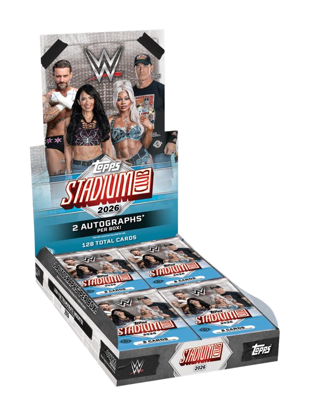 Open Topps WWE Stadium Club 2026 Hobby Box of professional wrestling trading cards, displaying several individual card packs and a header featuring images of wrestlers.