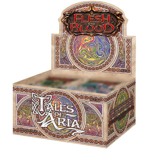 A Flesh and Blood TCG: Tales of Aria (1st edition) Booster Display by Legend Story Studios Limited, showcasing vibrant fantasy artwork and Celtic-inspired designs.