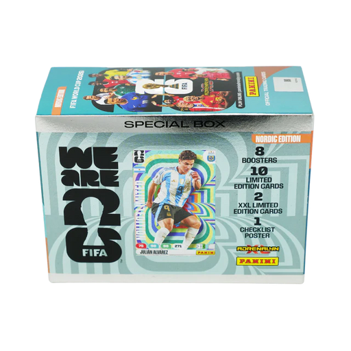 Introducing the Panini: Adrenalyn XL FIFA World Cup 2026 - Gift Box - Nordic Edition, an exclusive product from Panini. This special box showcases the FIFA World Cup 2026 logo and features a soccer player card on the front, labeled as the Nordic Edition. Inside, you'll find 8 booster packs, 10 limited edition Adrenalyn XL cards, a poster, and official branding from Panini and FIFA.