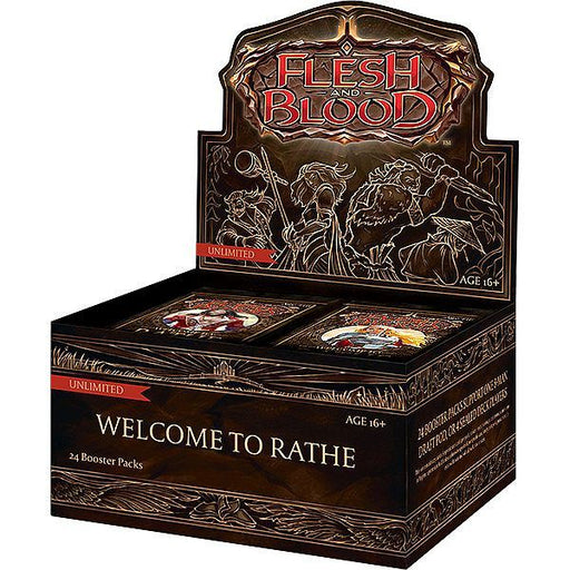 The Flesh and Blood TCG: Welcome to Rathe Booster Display by Legend Story Studios Limited includes 24 booster packs. The display box features fantasy-themed artwork and is labeled for ages 16 and up.