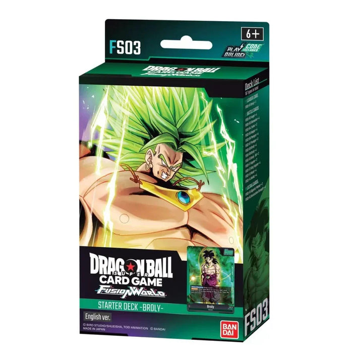 The Dragon Ball Super Card Game: Starter Deck by Bandai, FS03 box, features Broly with green hair and energy. Suitable for ages 6 and up, the packaging displays a small image of a card along with the Bandai logo.