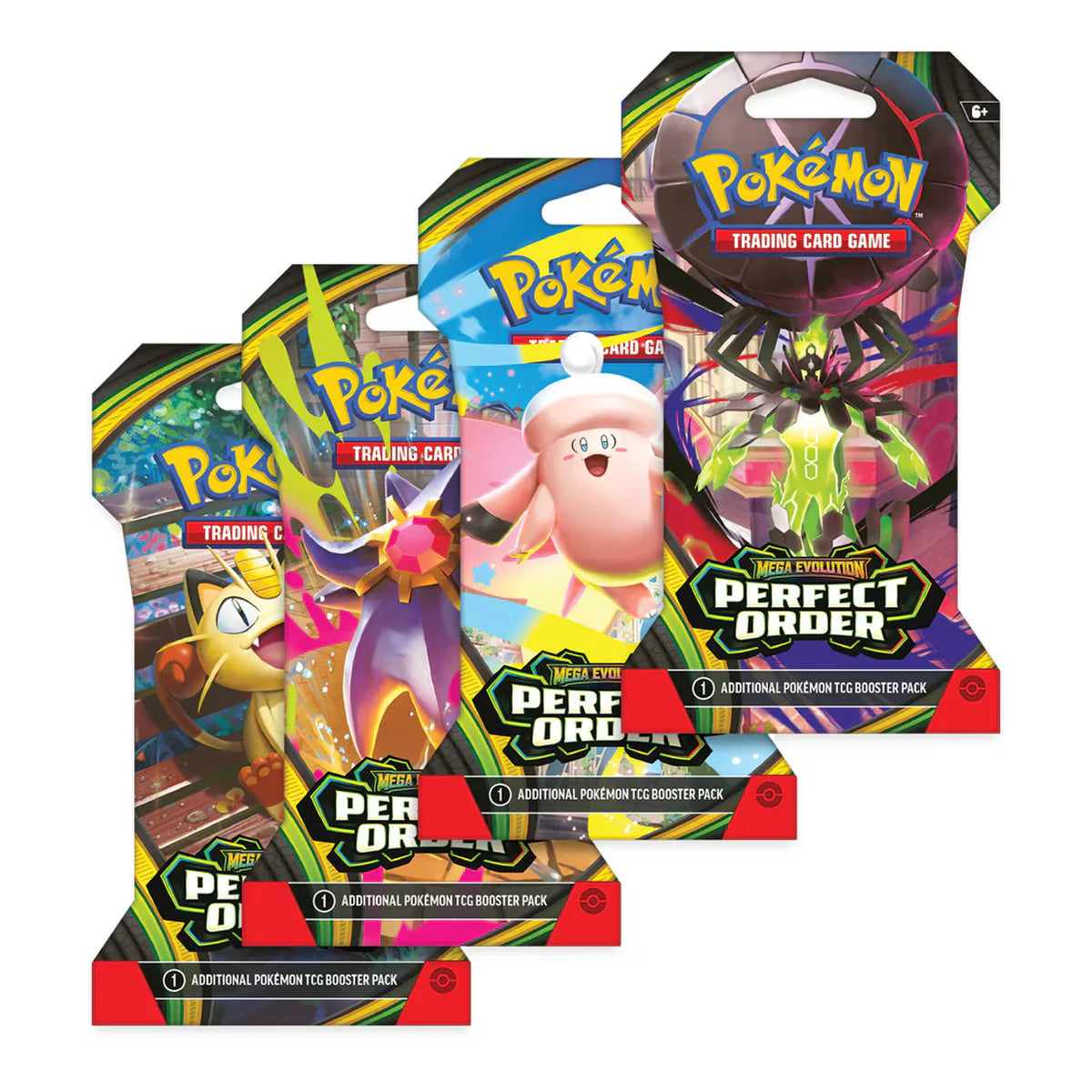 Four Pokémon TCG: Perfect Order Sleeved Booster Packs by The Pokémon Company are displayed side by side, each featuring unique Pokémon characters on their colorful packaging.