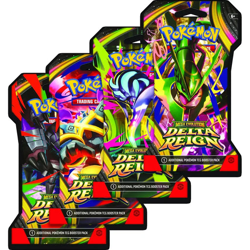 Four vibrant Pokémon TCG: Delta Reign Sleeved Booster Packs from The Pokémon Company, each featuring striking illustrations of different Pokémon on the packaging.