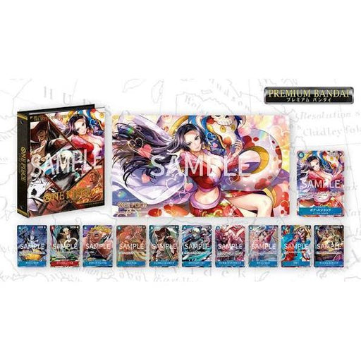 One Piece Card Game: Chinese 2nd Anniversary Gift Set (Boa Hancock) featuring a storage box, a playmat, a card sleeve pack, and ten character cards, all decorated with illustrations of Boa Hancock.