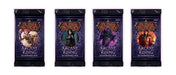Four Flesh and Blood TCG: Arcane Rising (Unlimited) Booster Display packs from Legend Story Studios Limited are arranged in a row, each featuring distinct fantasy characters and vibrant artwork on the purple and black packaging. This striking Arcane Rising (Unlimited) booster display is an ideal choice for collectors and fans looking to expand their card collections with unique booster packs.