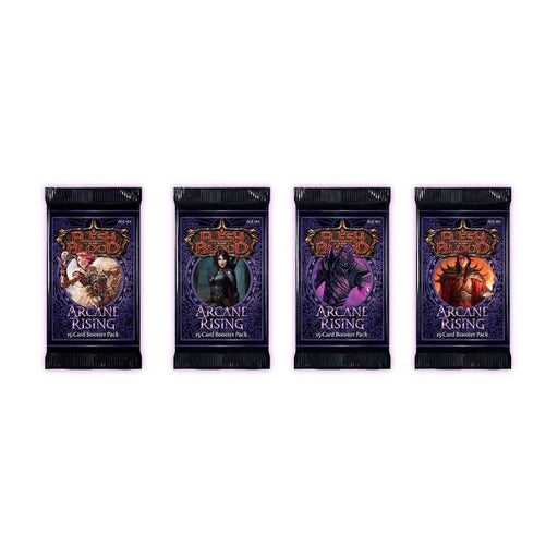 Four Flesh and Blood TCG: Arcane Rising (Unlimited) Booster Display packs from Legend Story Studios Limited are arranged in a row, each featuring distinct fantasy characters and vibrant artwork on the purple and black packaging. This striking Arcane Rising (Unlimited) booster display is an ideal choice for collectors and fans looking to expand their card collections with unique booster packs.