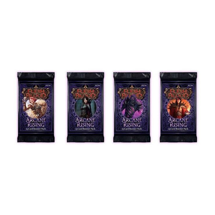 Four Flesh and Blood TCG: Arcane Rising (Unlimited) Booster Display packs from Legend Story Studios Limited are arranged in a row, each featuring distinct fantasy characters and vibrant artwork on the purple and black packaging. This striking Arcane Rising (Unlimited) booster display is an ideal choice for collectors and fans looking to expand their card collections with unique booster packs.