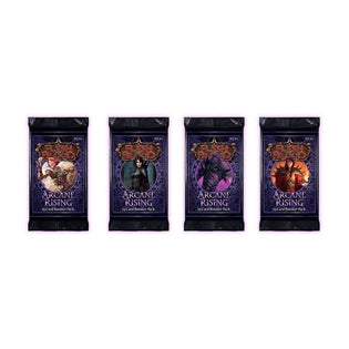 Four Flesh and Blood TCG: Arcane Rising (Unlimited) Booster Display packs from Legend Story Studios Limited are arranged in a row, each featuring distinct fantasy characters and vibrant artwork on the purple and black packaging. This striking Arcane Rising (Unlimited) booster display is an ideal choice for collectors and fans looking to expand their card collections with unique booster packs.