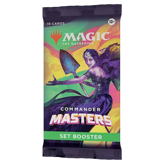 A Magic: The Gathering - Commander Masters Set Booster Display featuring an illustration of a purple-skinned fairy character and the text Commander Masters Set Booster.