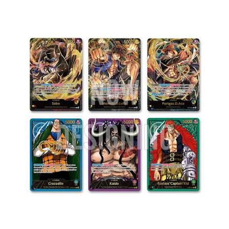 One Piece Card Game: Premium Card Collection - Leader Collection featuring character illustrations of Sabo, Luffy, Ace, Crocodile, Kaido, and Eustass Kid.