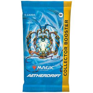 Magic the Gathering: Aetherdrift Collector Booster Pack with blue and yellow packaging featuring an ornate metal lantern illustration, marked with 15 cards and the set name Aetherdrift.