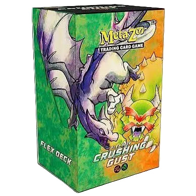 A GameQbator Labs Inc. MetaZoo TCG: Flex Decks - Wave 1 box labeled Crushing Gust, showcasing a dragon-like creature and a vibrant, armored face set against a green and orange backdrop.