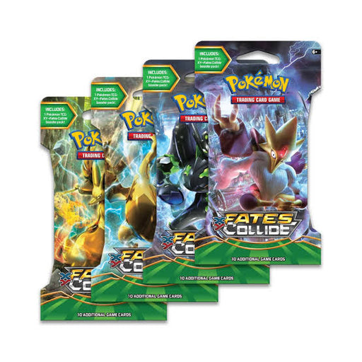Four Pokémon TCG: Fates Collide Sleeved Booster Packs from The Pokémon Company stand in a row, each showcasing unique Pokémon artwork and containing 10 additional game cards.