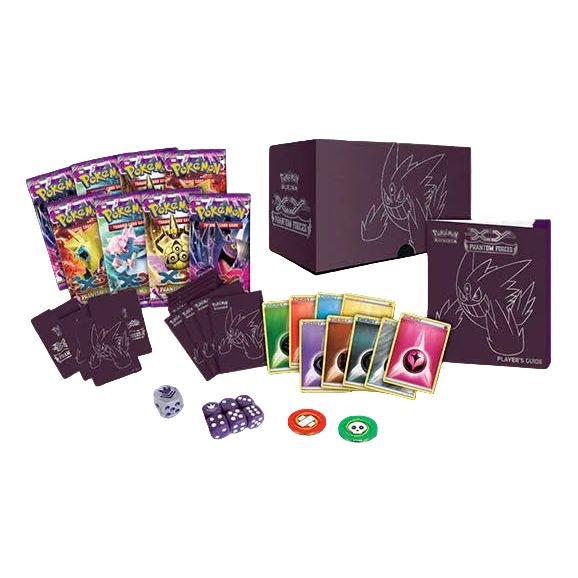 A Pokémon TCG: Phantom Forces Elite Trainer Box (XY) including a storage box, booster packs, a player’s guide, card sleeves, energy cards, dice, and condition markers.