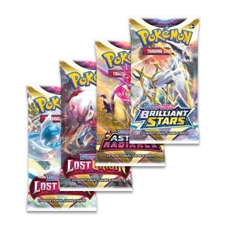 Four Pokémon Trading Card Game booster packs from various series—Brilliant Stars, Astral Radiance, and Lost Origin—are showcased, each displaying vibrant artwork and including ten game cards. Ideal for collectors or players seeking to grow their collection, these booster packs are a great addition to your Pokémon TCG: Deoxys VMAX & VSTAR Battle Box by The Pokémon Company or to enhance your sealed Deoxys promo trio.