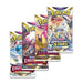 Four Pokémon Trading Card Game booster packs from various series—Brilliant Stars, Astral Radiance, and Lost Origin—are showcased, each displaying vibrant artwork and including ten game cards. Ideal for collectors or players seeking to grow their collection, these booster packs are a great addition to your Pokémon TCG: Deoxys VMAX & VSTAR Battle Box by The Pokémon Company or to enhance your sealed Deoxys promo trio.