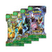 Four Pokémon TCG: Fates Collide Sleeved Booster Packs from The Pokémon Company stand in a row, each showcasing unique Pokémon artwork and containing 10 additional game cards.
