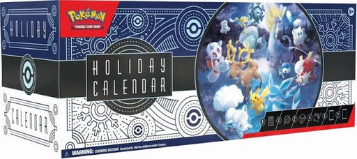 Box for the Pokémon TCG: Holiday Calendar - Julekalender 2023 by The Pokémon Company, featuring various Pokémon characters in a snowy, festive scene with geometric designs.