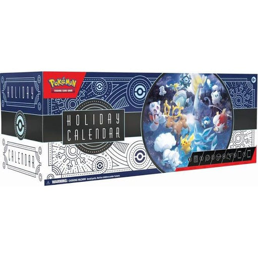 Box for the Pokémon TCG: Holiday Calendar - Julekalender 2023 by The Pokémon Company, featuring various Pokémon characters in a snowy, festive scene with geometric designs.
