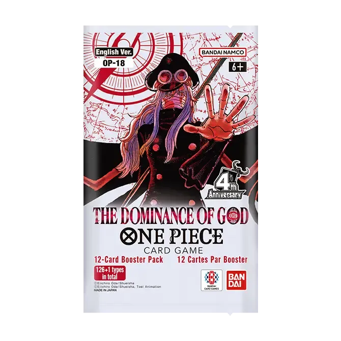 One Piece Card Game: OP18: The Dominance of God Booster Pack featuring a character illustration and the 4th Anniversary logo.