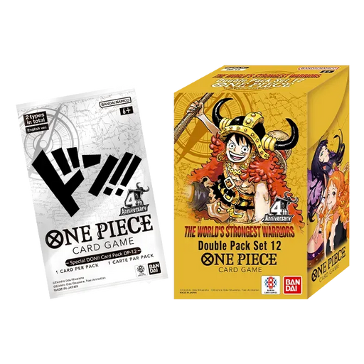 A One Piece Card Game pack and the Bandai One Piece Card Game: The World’s Strongest Warriors Double Pack Set Vol.12 [DP-12] box, both featuring vibrant artwork and logos with 4th Anniversary banners, including anime characters like Luffy in a Viking helmet.