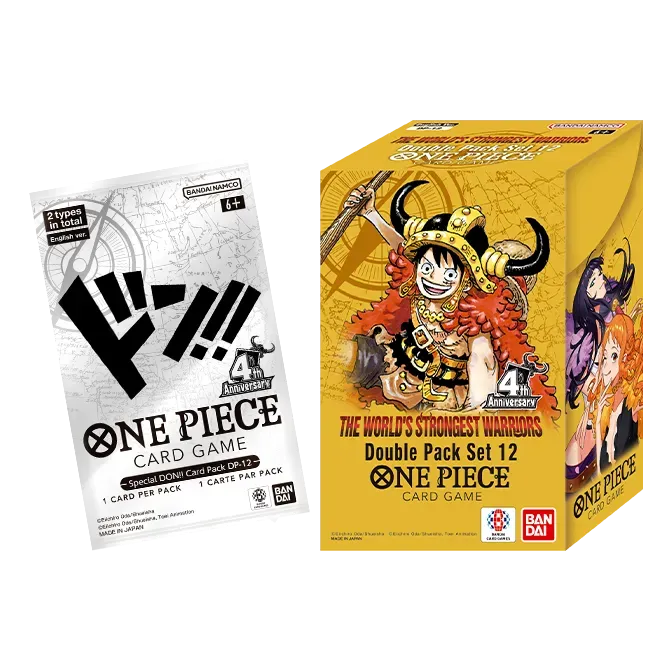 A One Piece Card Game pack and the Bandai One Piece Card Game: The World’s Strongest Warriors Double Pack Set Vol.12 [DP-12] box, both featuring vibrant artwork and logos with 4th Anniversary banners, including anime characters like Luffy in a Viking helmet.