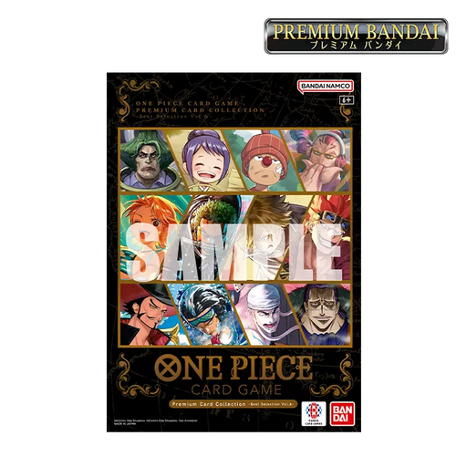 Box art for the One Piece Card Game: Premium Card Collection -Best Selection Vol.6, featuring portraits of various One Piece characters, with SAMPLE overlaid and Bandai branding at the top.