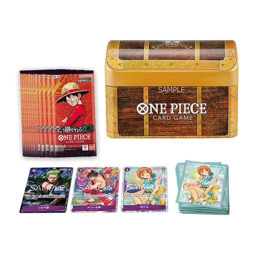 Bandai One Piece Card Game: Treasure Chest vol.1 including a branded storage tin, a stack of booster packs, three character cards, and a stack of card sleeves featuring Nami.