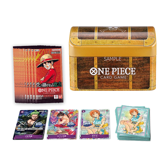 Bandai One Piece Card Game: Treasure Chest vol.1 including a branded storage tin, a stack of booster packs, three character cards, and a stack of card sleeves featuring Nami.