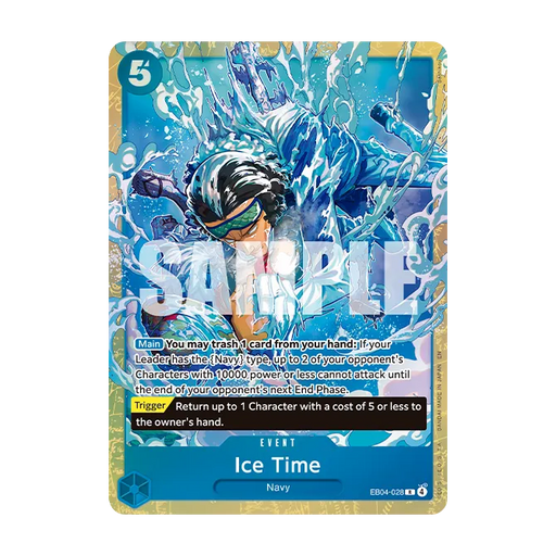The One Piece Card Game: Premium Card Collection -Best Selection Vol.6 by Bandai includes a trading card titled Ice Time that showcases a character surrounded by ice shards in water, with highlighted stats and detailed text describing in-game actions and effects.