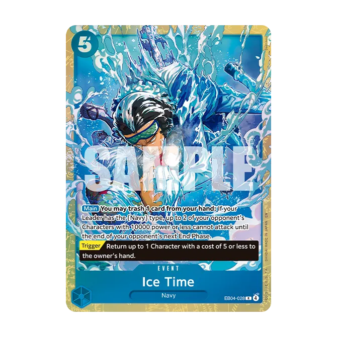 The One Piece Card Game: Premium Card Collection -Best Selection Vol.6 by Bandai includes a trading card titled Ice Time that showcases a character surrounded by ice shards in water, with highlighted stats and detailed text describing in-game actions and effects.