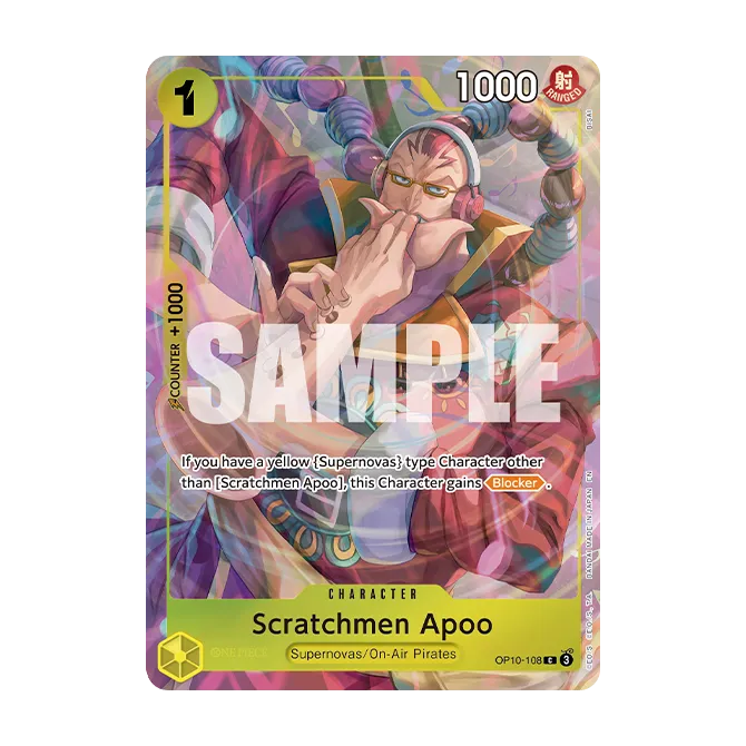 Here’s a revised version of the sentence using your product data: A card from the One Piece Card Game: Premium Card Collection -Best Selection Vol.6 by Bandai featuring Scratchmen Apoo, depicting his upper body and hands with musical notes. The trading card displays visible stats and effects, with the word "SAMPLE" overlaid.