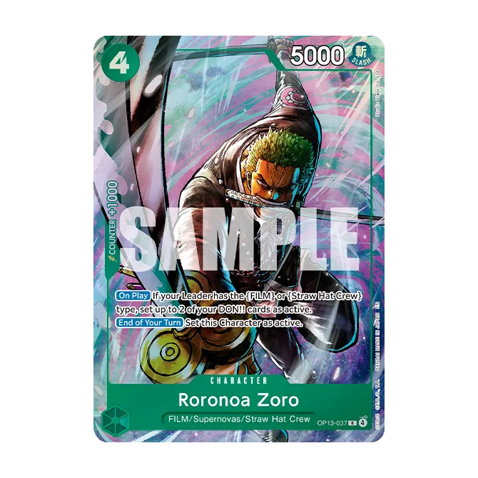 From the One Piece Card Game: Premium Card Collection - Best Selection Vol.6 by Bandai, this trading card features Roronoa Zoro wielding two swords against a green background, displays stats of 5000 power and 4 cost, and has "SAMPLE" printed across the center.
