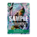 From the One Piece Card Game: Premium Card Collection - Best Selection Vol.6 by Bandai, this trading card features Roronoa Zoro wielding two swords against a green background, displays stats of 5000 power and 4 cost, and has "SAMPLE" printed across the center.