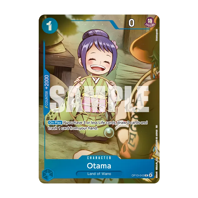 From the One Piece Card Game: Premium Card Collection -Best Selection Vol.6 by Bandai, this trading card showcases Otama—a cheerful girl with purple hair styled up and dressed in a green kimono. The card features blue and gold borders, game stats, and "SAMPLE" text printed across the center.