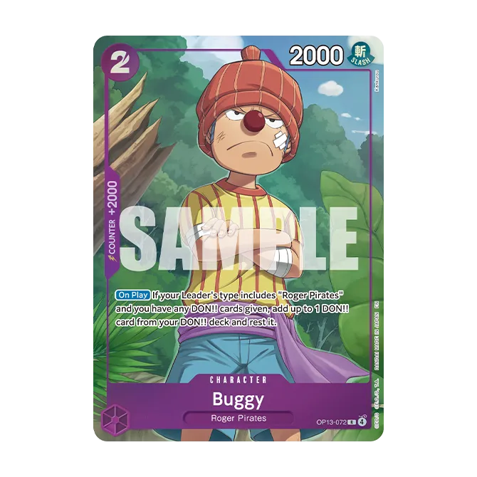 From the One Piece Card Game: Premium Card Collection -Best Selection Vol.6 by Bandai, this trading card features Buggy from One Piece, depicted with his signature red hat, red clown nose, and yellow striped shirt. The card displays his stats, abilities, and affiliation with the Roger Pirates.