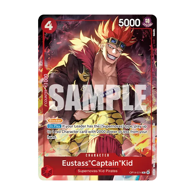 From the One Piece Card Game: Premium Card Collection -Best Selection Vol.6 by Bandai, this trading card features Eustass Captain Kid—a muscular, red-haired character wearing goggles and a fur coat. The card showcases his stats, abilities, and description over a fiery background with "SAMPLE" marked across it.