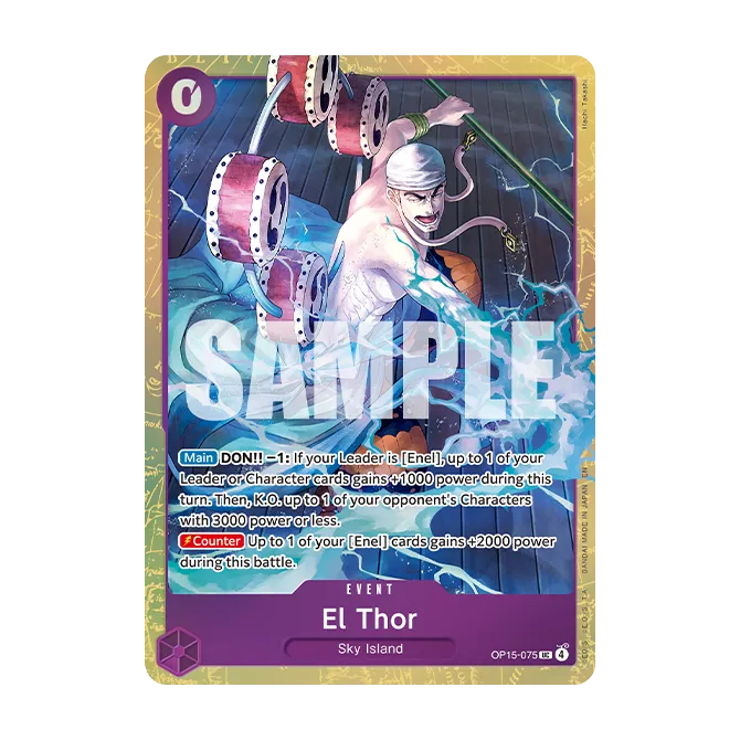Sure! Here’s a rewritten sentence using your product data: A trading card from the One Piece Card Game: Premium Card Collection -Best Selection Vol.6 by Bandai showcases a striking character amid a stormy blue backdrop, complete with dynamic text boxes highlighting the card's effects and abilities.