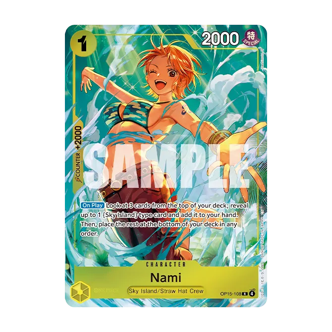 A Bandai One Piece Card Game: Premium Card Collection -Best Selection Vol.6 trading card featuring Nami in a dynamic pose against a blue and green background with yellow trim, showcasing various stats and abilities on the card, and the word “SAMPLE” overlaid in white.