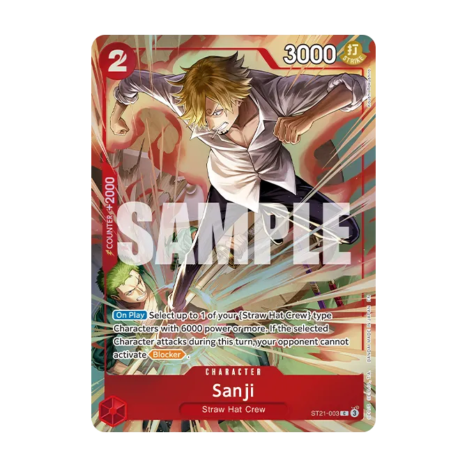 From the One Piece Card Game: Premium Card Collection -Best Selection Vol.6 by Bandai, this trading card showcases Sanji in a dynamic combat pose with his game stats and abilities displayed. The card features a red background with the word "SAMPLE" across the center.