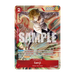 From the One Piece Card Game: Premium Card Collection -Best Selection Vol.6 by Bandai, this trading card showcases Sanji in a dynamic combat pose with his game stats and abilities displayed. The card features a red background with the word "SAMPLE" across the center.