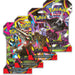 Three colorful Pokémon TCG: Pitch Black Sleeved Booster Packs from The Pokémon Company, each with unique Pokémon artwork on the packaging.