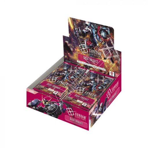A display box of the Bandai Gundam Card Game - GD02: Dual Impact - Booster Box (24 packs), featuring dynamic Gundam artwork and vivid red and purple packaging.