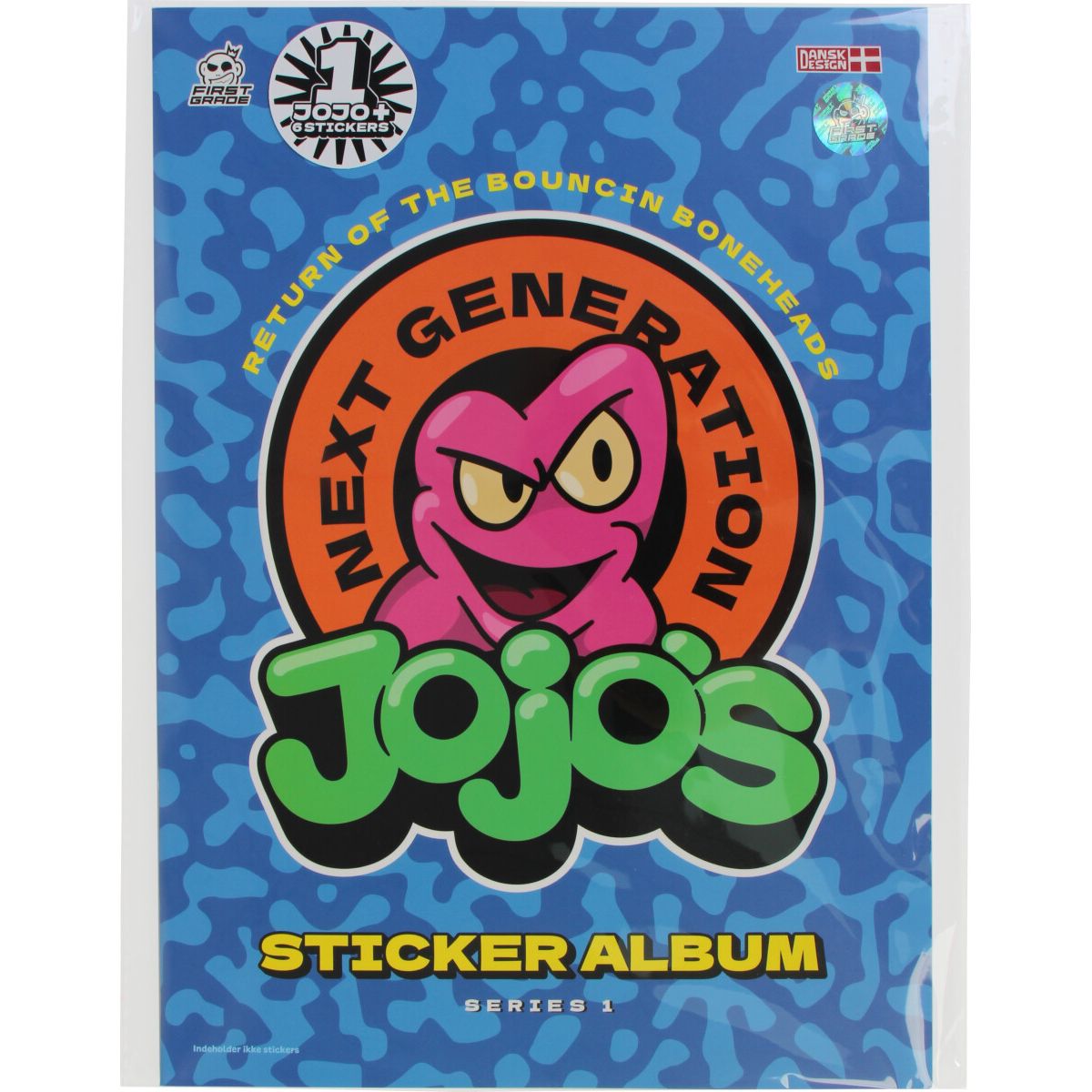 Bright and playful sticker album cover featuring a pink cartoon character at the center, with the text “First Grade: Jojo’s Sticker Album - Series 1” by FirstGrade set against a blue patterned background. Perfect for fans and collectors, this samleralbum is an exciting addition to any Jojo’s stickers collection.
