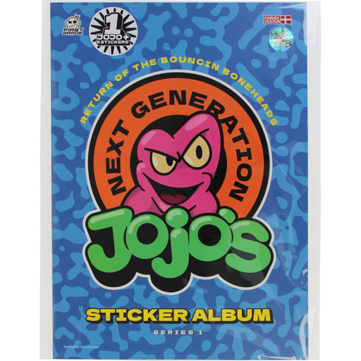 A blue Rogerz First Grade: Jojo's Sticker Album - Series 1 cover with a pink cartoon, bold orange and green “Next Generation Jojos” text, and yellow “Sticker Album Series 1”—the perfect sticker album for Jojo’s fans.