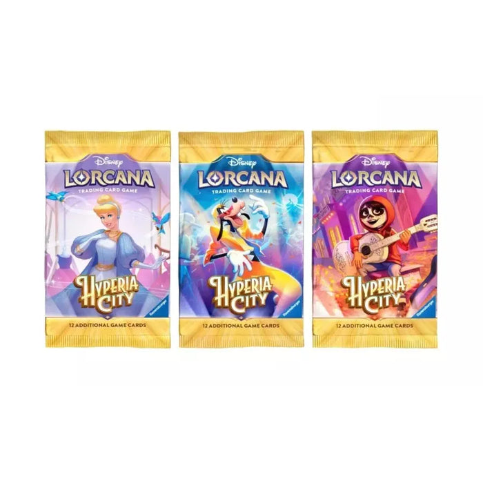 Three Disney Lorcana: Hyperia City Booster Packs by Ravensburger, each featuring a different Disney character—Cinderella, Goofy, and Miguel from Coco—on the packaging.