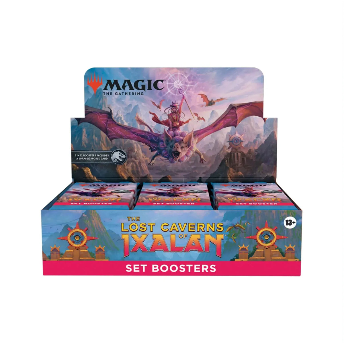 A Magic: The Gathering - The Lost Caverns of Ixalan Booster Display box featuring an illustration of a figure riding a winged creature over a landscape.