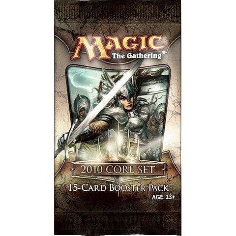 Magic: The Gathering - 2010 Core Set Booster Pack featuring artwork of a knight holding a sword, with text reading 2010 Core Set and 15-Card Booster Pack.