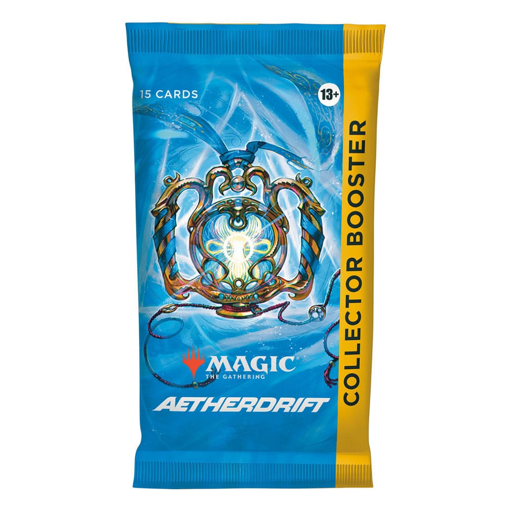 The Magic: The Gathering Aetherdrift Collector Booster Box by Wizards of the Coast features blue and yellow packaging, a glowing artifact design, and includes 15 cards per pack (ages 13+). Ideal for fans seeking premium Collector Boosters.