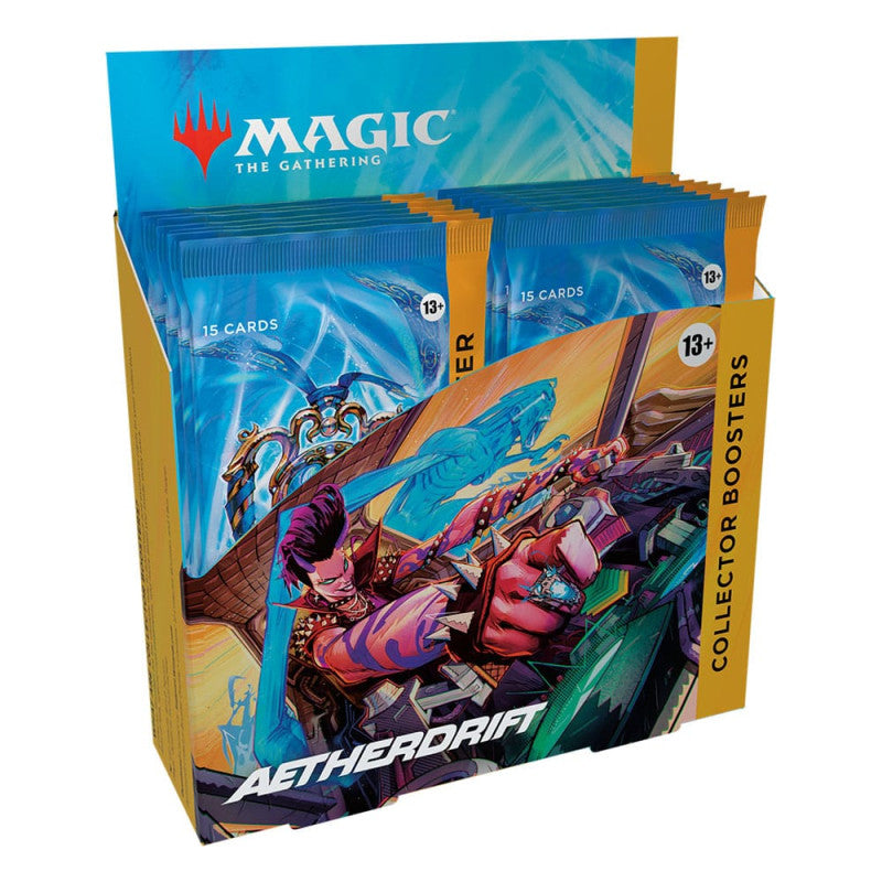 The Magic the Gathering: Aetherdrift Collector Booster Box by Wizards of the Coast features eye-catching fantasy art and includes multiple Collector Booster Packs, each containing 15 collectible cards.
